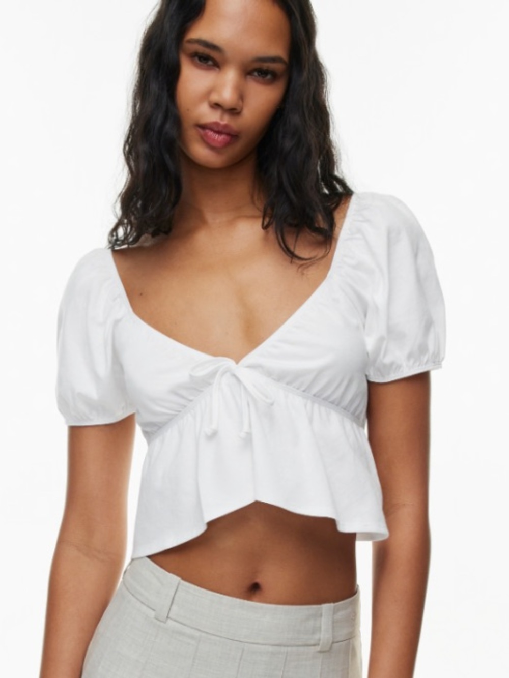 Aritzia Sunday Best Kaia White Puff-Sleeve Tie-Front Crop Blouse